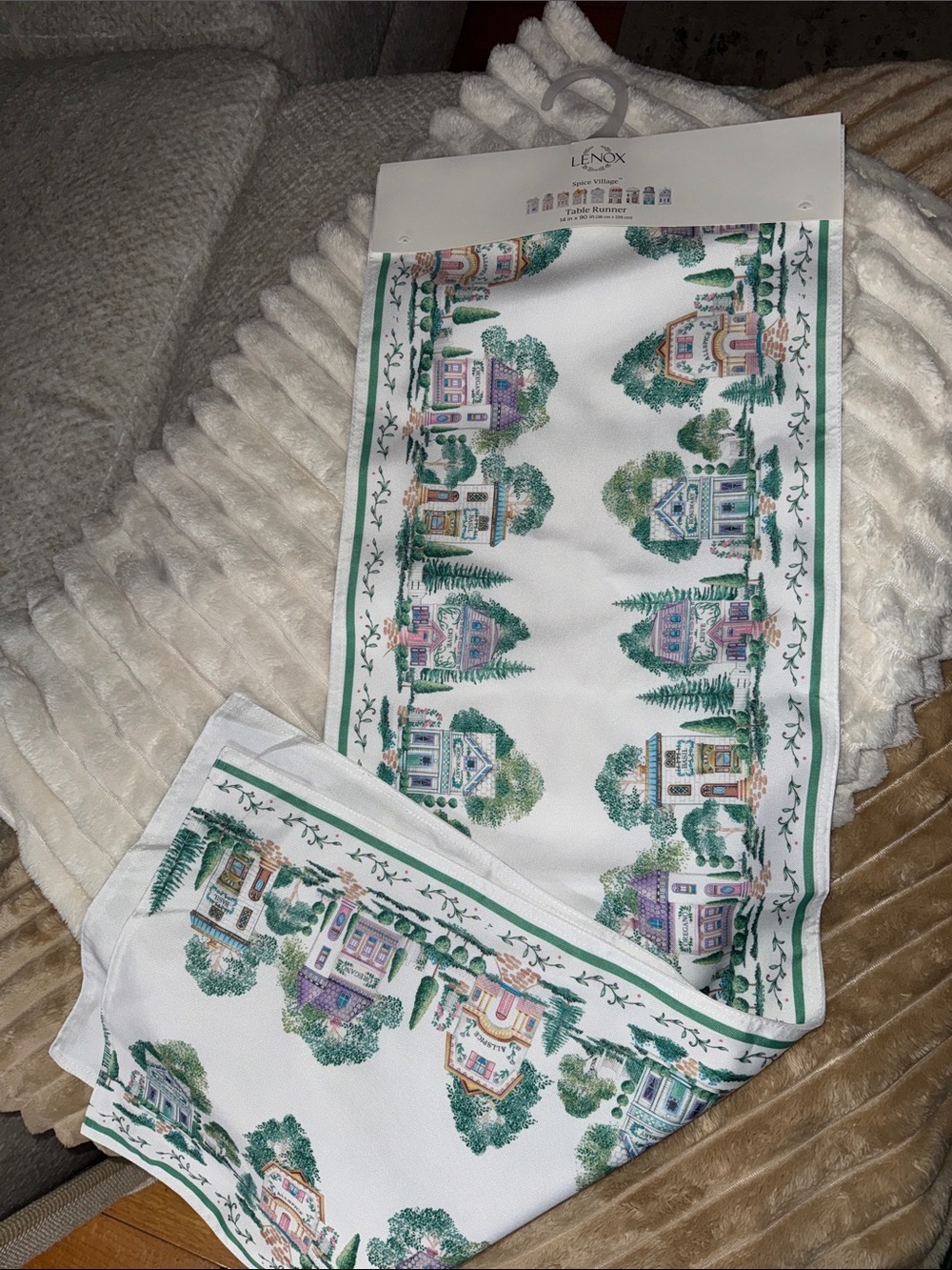 Lenox Spice VillageWhite & Green Scenic Village Table Runner with Pastel Accents